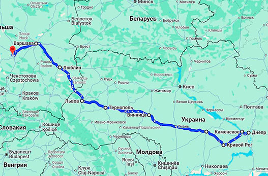 Карта маршрута Днепр - Лодзь Автобус Днепр - Лодзь — маршрут через города Украины и Польши