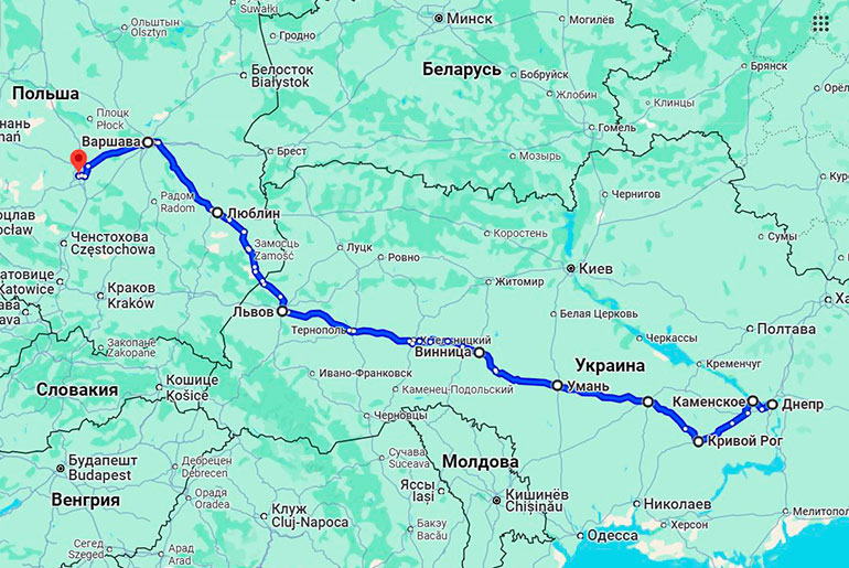 Карта маршрута Днепр - Люблин Автобус Днепр - Люблин — маршрут через города Украины и Польши