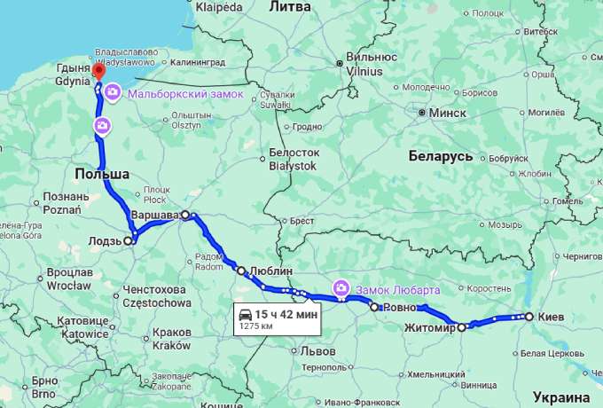 Автобус Київ - Гданськ — маршрут через міста України та Польщі