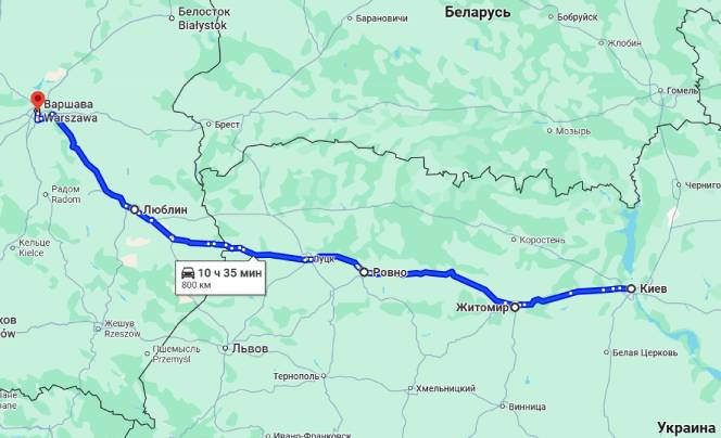 Карта маршрута Киев - Варшава Автобус Киев - Варшава — маршрут через города Украины и Польши