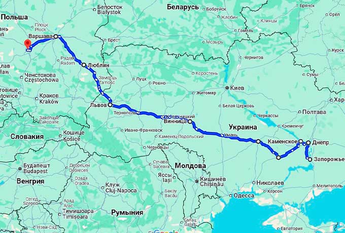 Карта маршрута Запорожье - Лодзь Автобус Запорожье - Лодзь — маршрут через города Украины и Польши